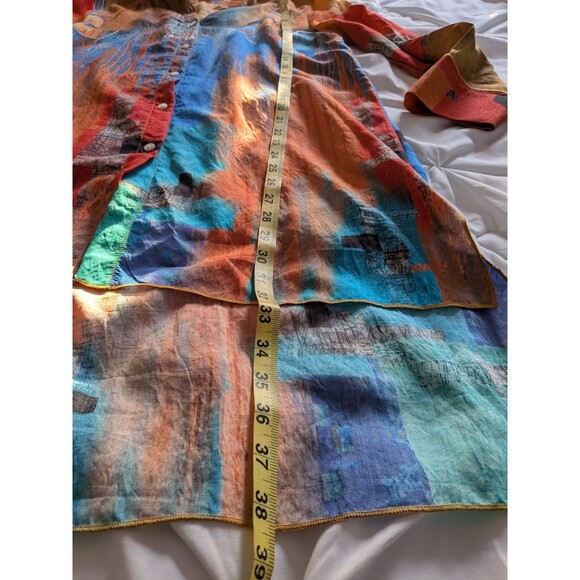 Feratelli Jacket Blouse Womens M Gold Blue Graphic Art to Wear Lagenlook Hi Low - Picture 13 of 13